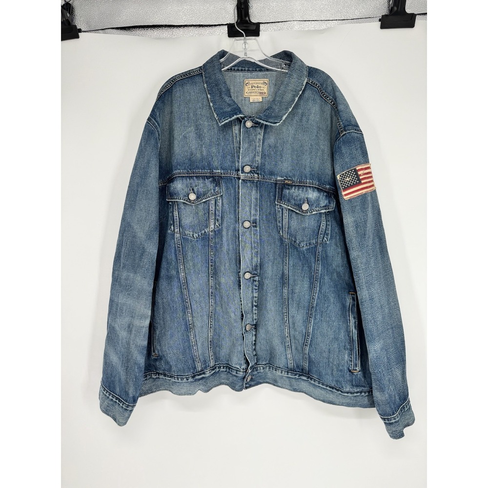 Polo Ralph Lauren Trucker Jacket 3XL Big 3XB Denim American Flag Patch USA Jean